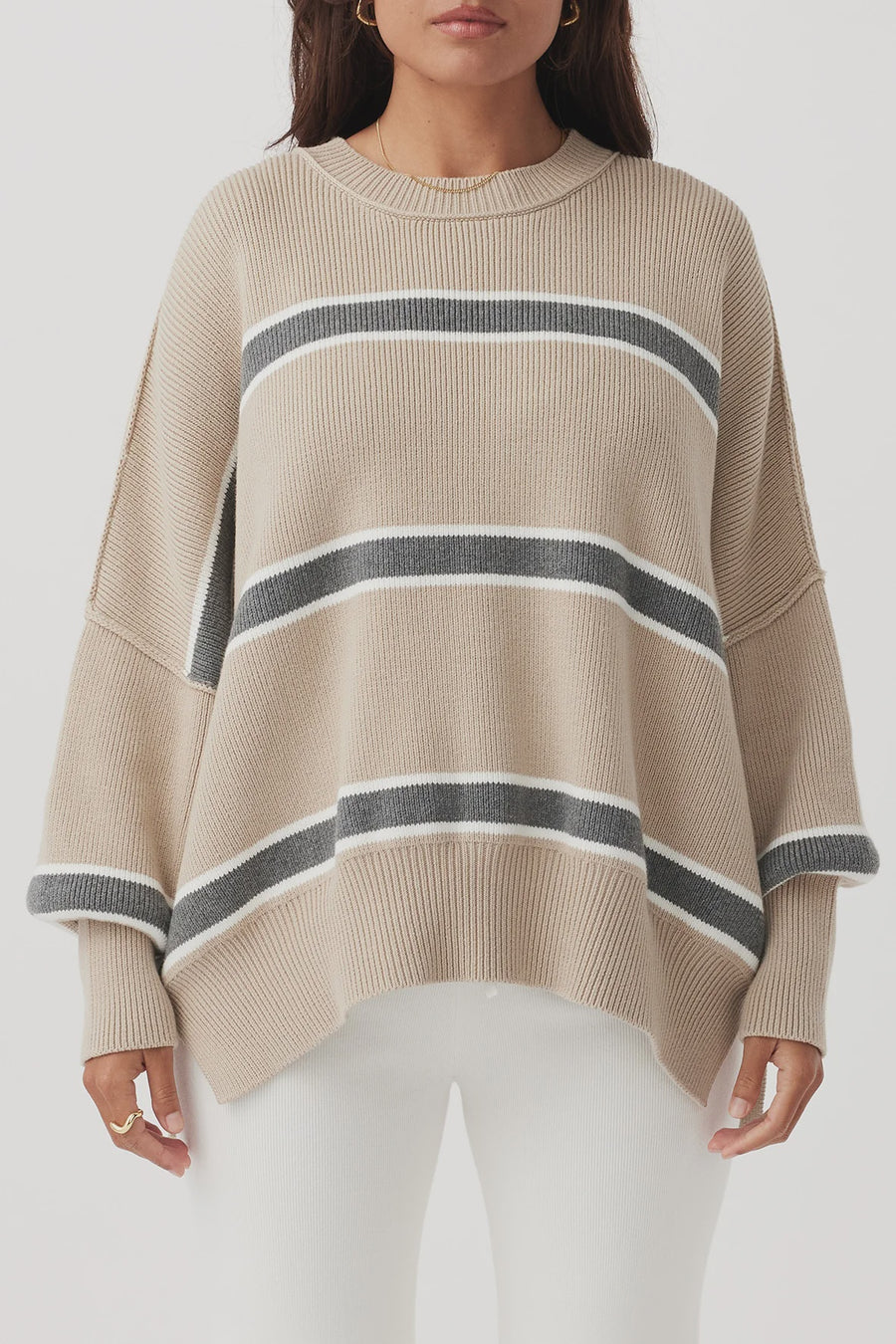 Harper Stripe Organic Knit Taupe, Cream & Dark Grey Marle