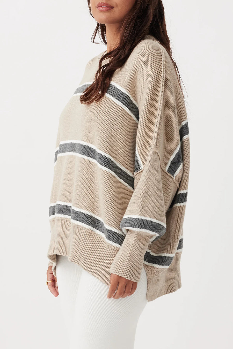 Harper Stripe Organic Knit Taupe, Cream & Dark Grey Marle