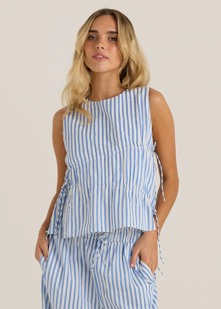 Aziza Gathered Tie Top Blue/White Stripe