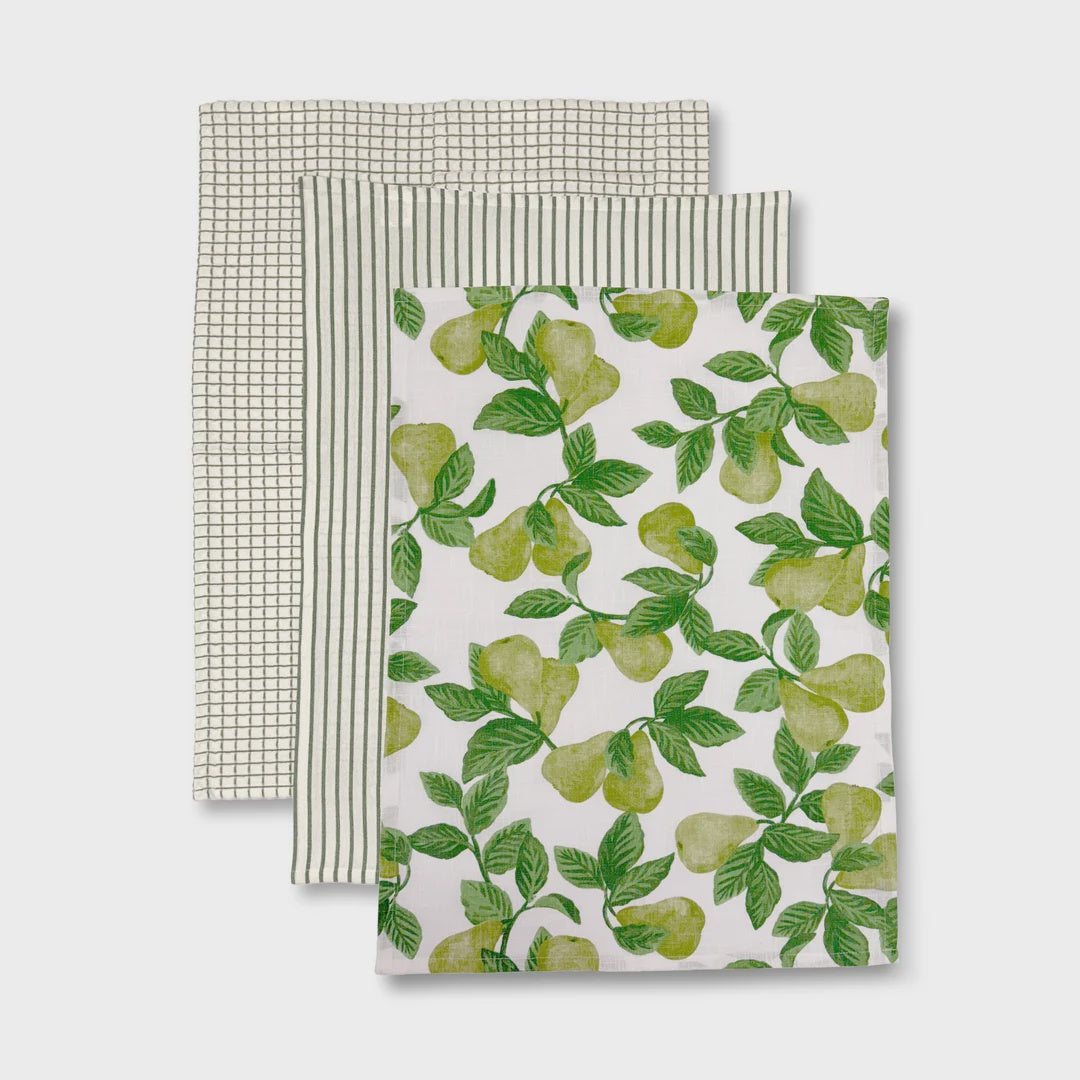 Pear Tree Green Teatowel Pack 3