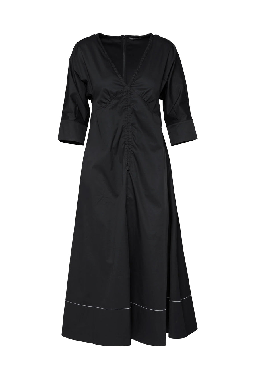 Crisp Cotton Stretch Gathered Front V.Neck Midi Dress Zell Black