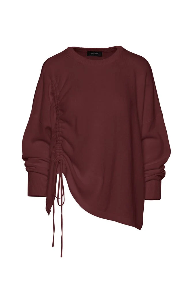 Crepe Knit Drawstring Detail Long Sleeve Tunic Alberca Merlot