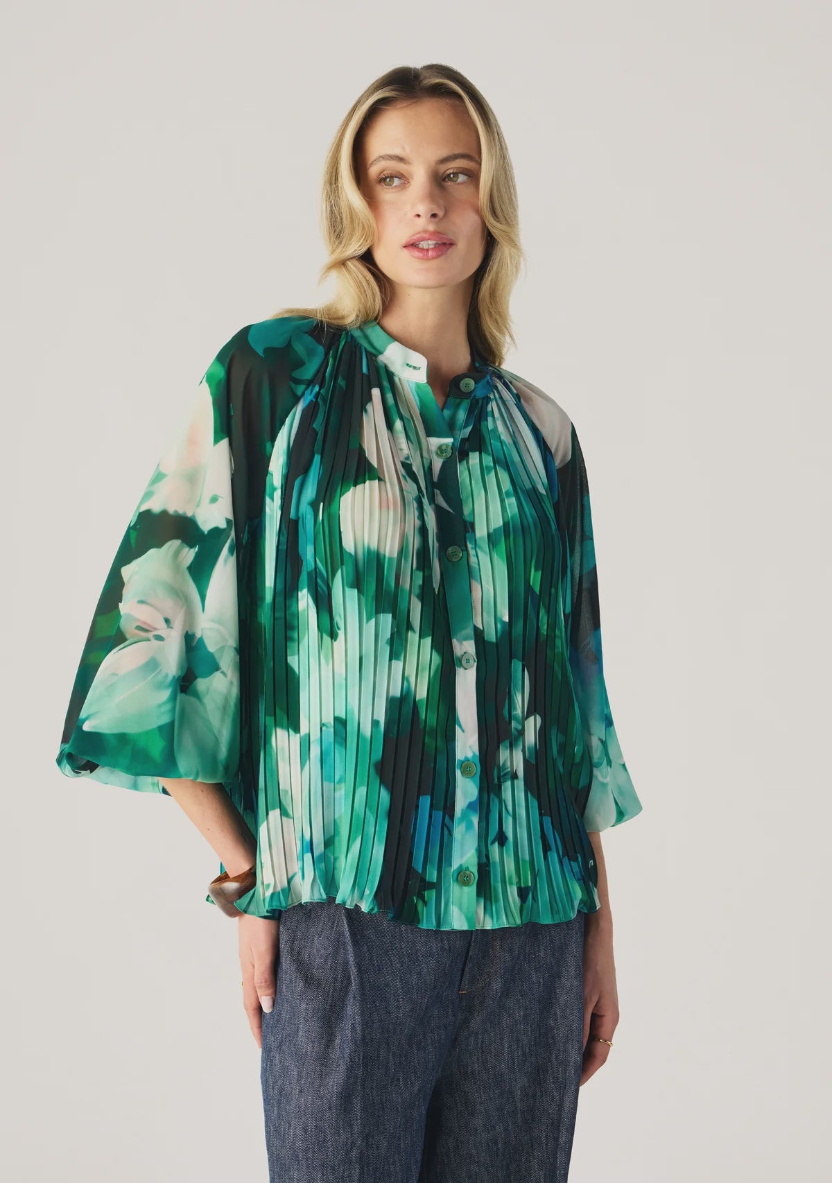 Verdant Print Pleated Blouse