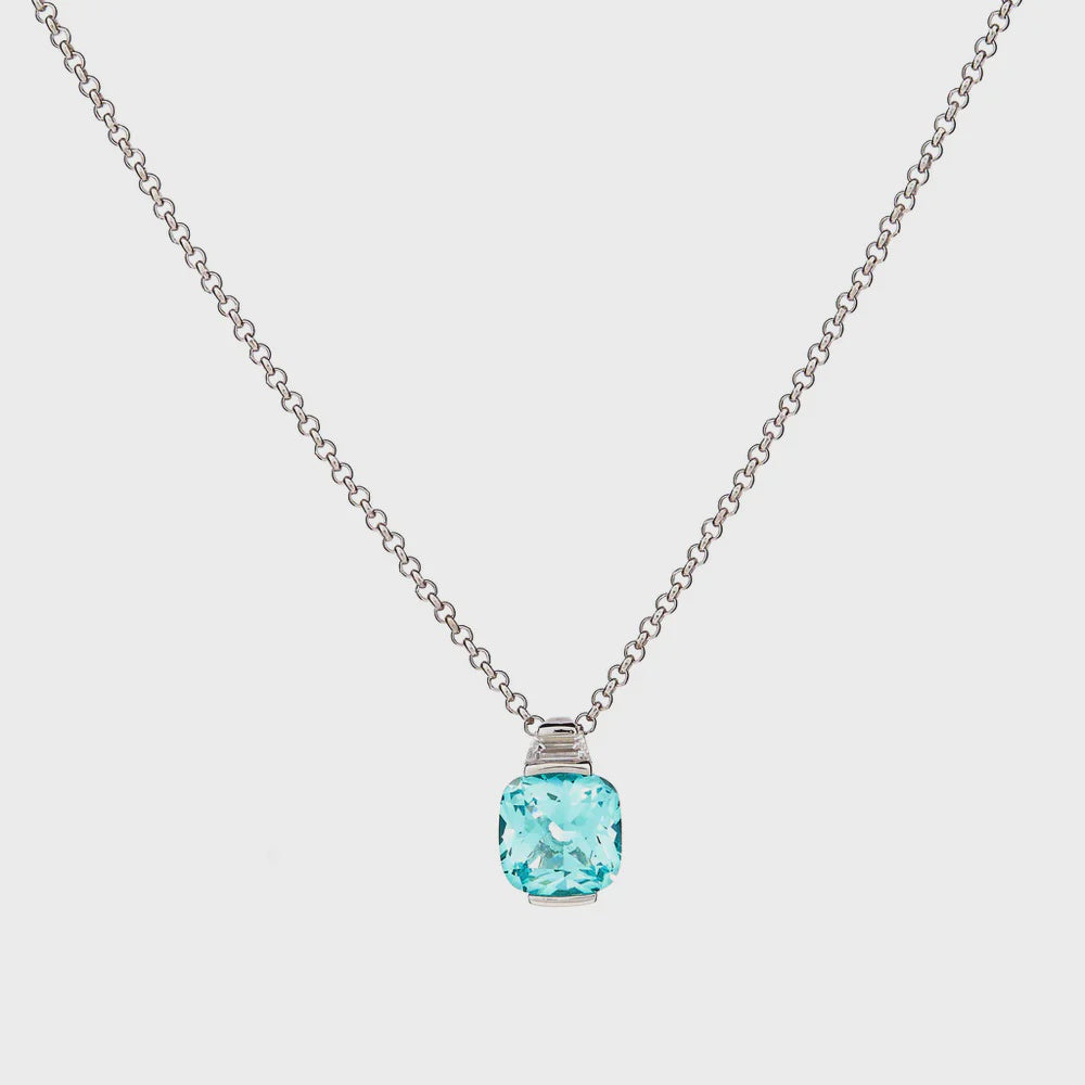 Erin SS Tapered CZ & Light Blue Square Pendant Necklace