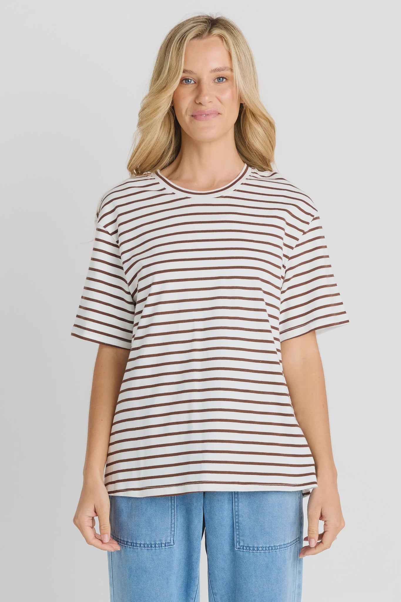 Relax Boxy Tee Choc/White Stripe