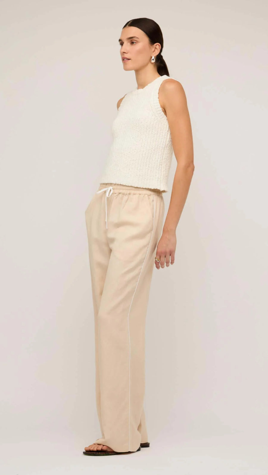 Beige Relaxed Linen Wide-Leg Pants