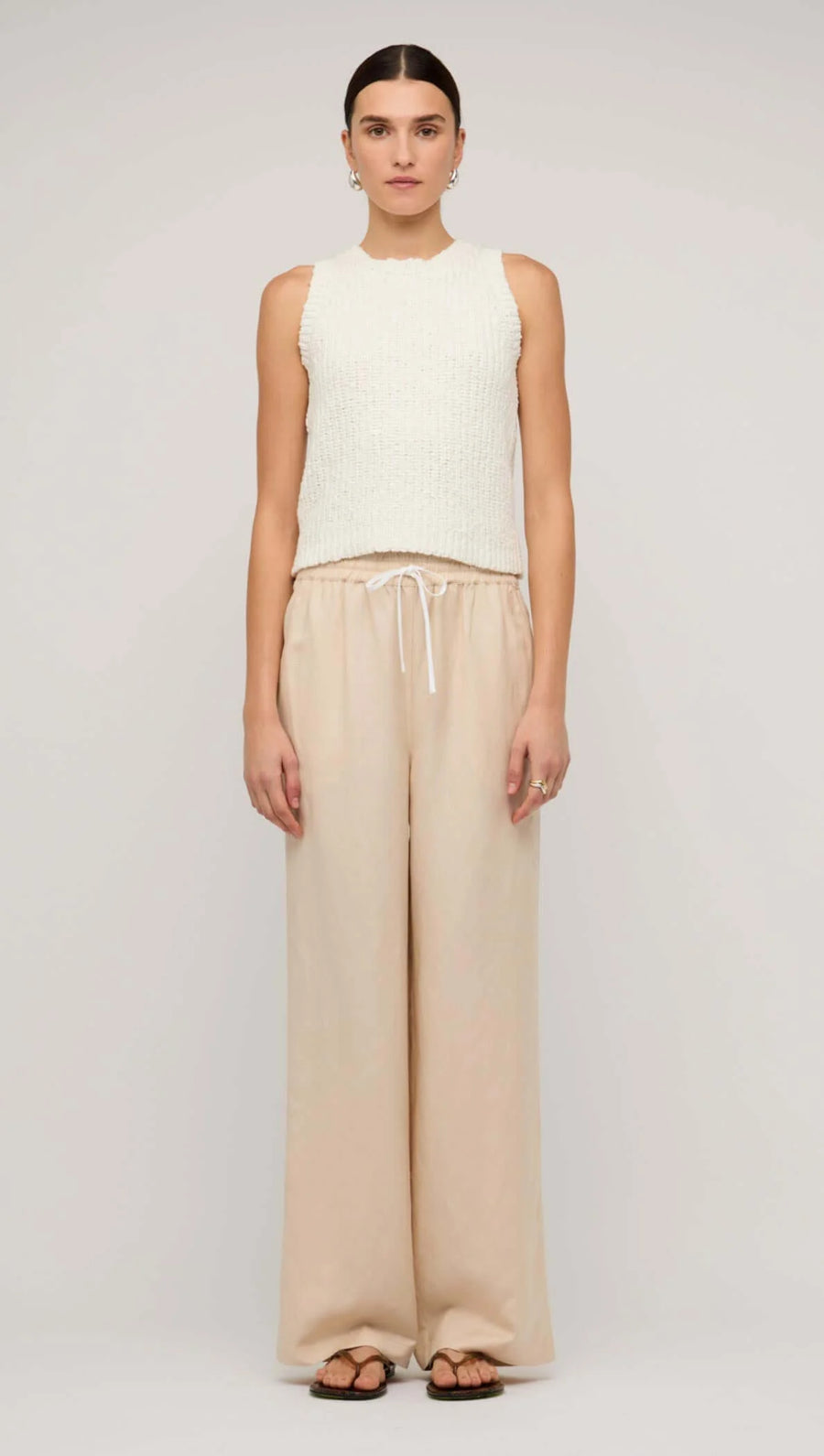 Beige Relaxed Linen Wide-Leg Pants