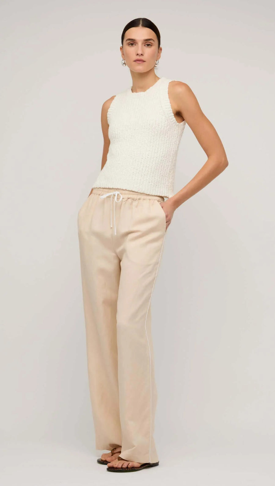 Beige Relaxed Linen Wide-Leg Pants
