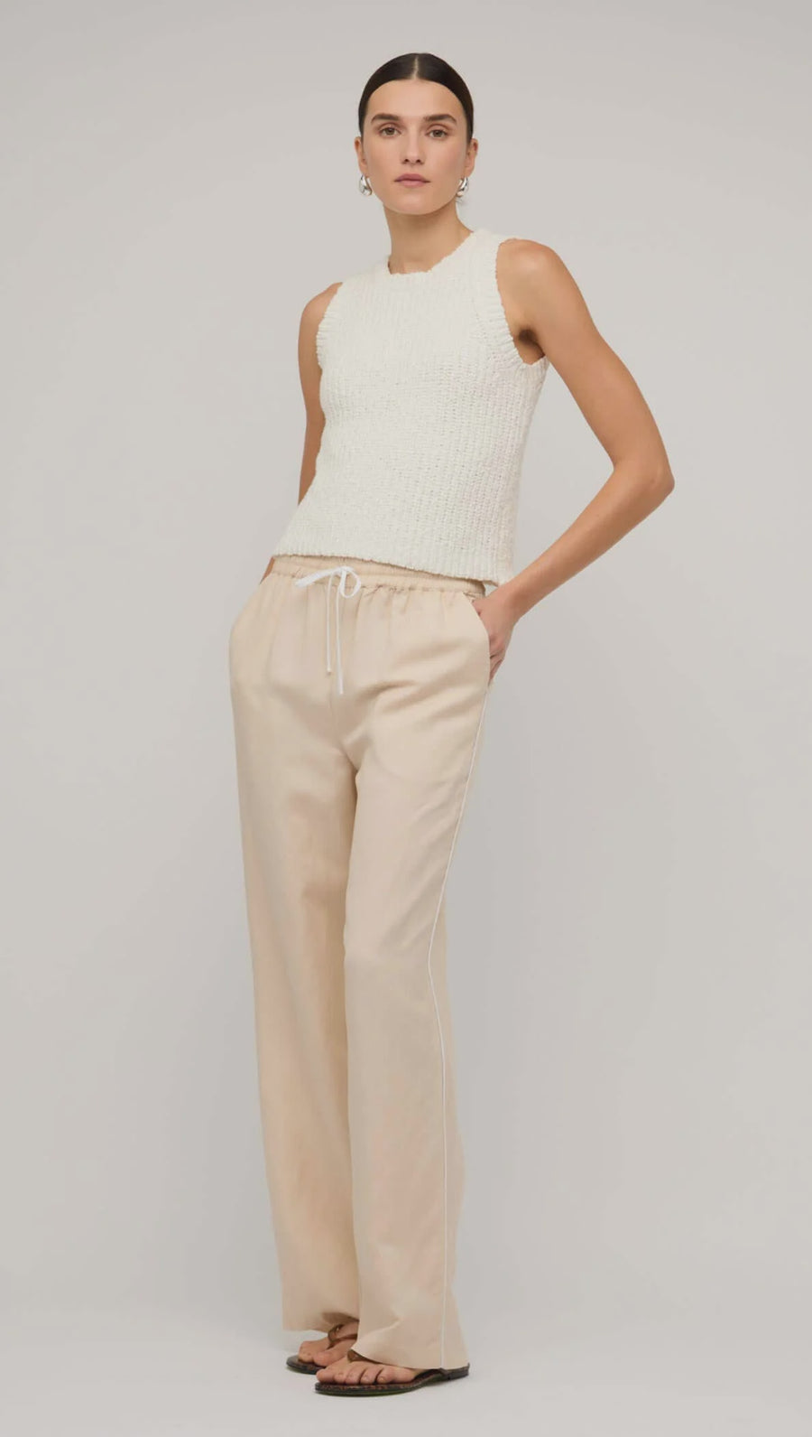 Beige Relaxed Linen Wide-Leg Pants