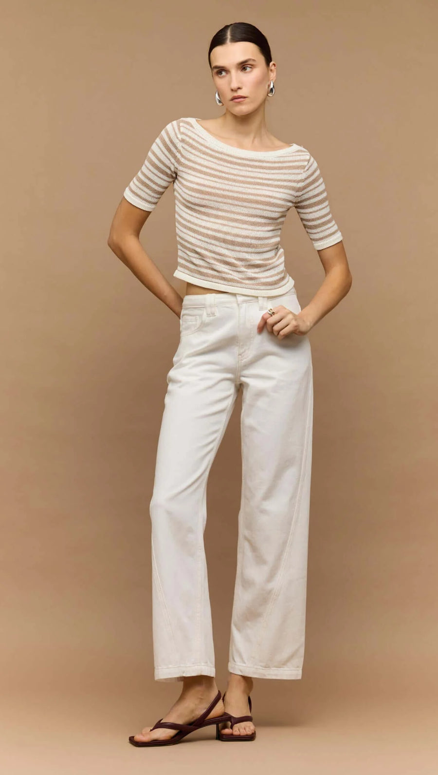 Echo Beige & White Stripe Boat Neck Knit Top