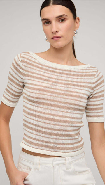 Echo Beige & White Stripe Boat Neck Knit Top