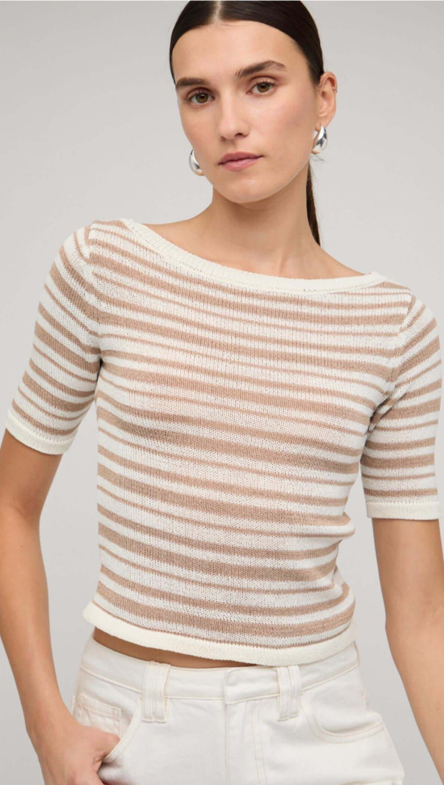 Echo Beige & White Stripe Boat Neck Knit Top