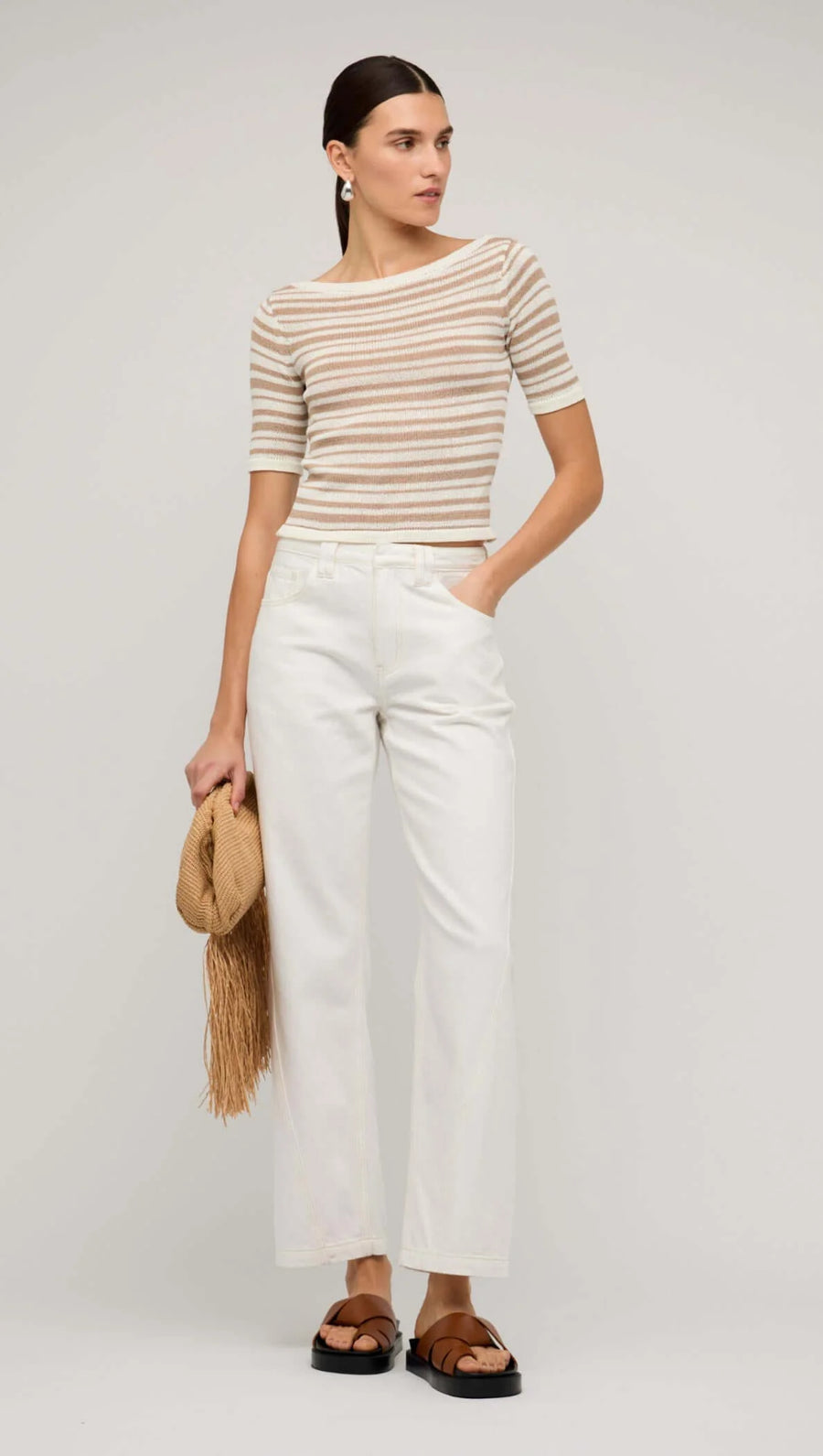 Echo Beige & White Stripe Boat Neck Knit Top