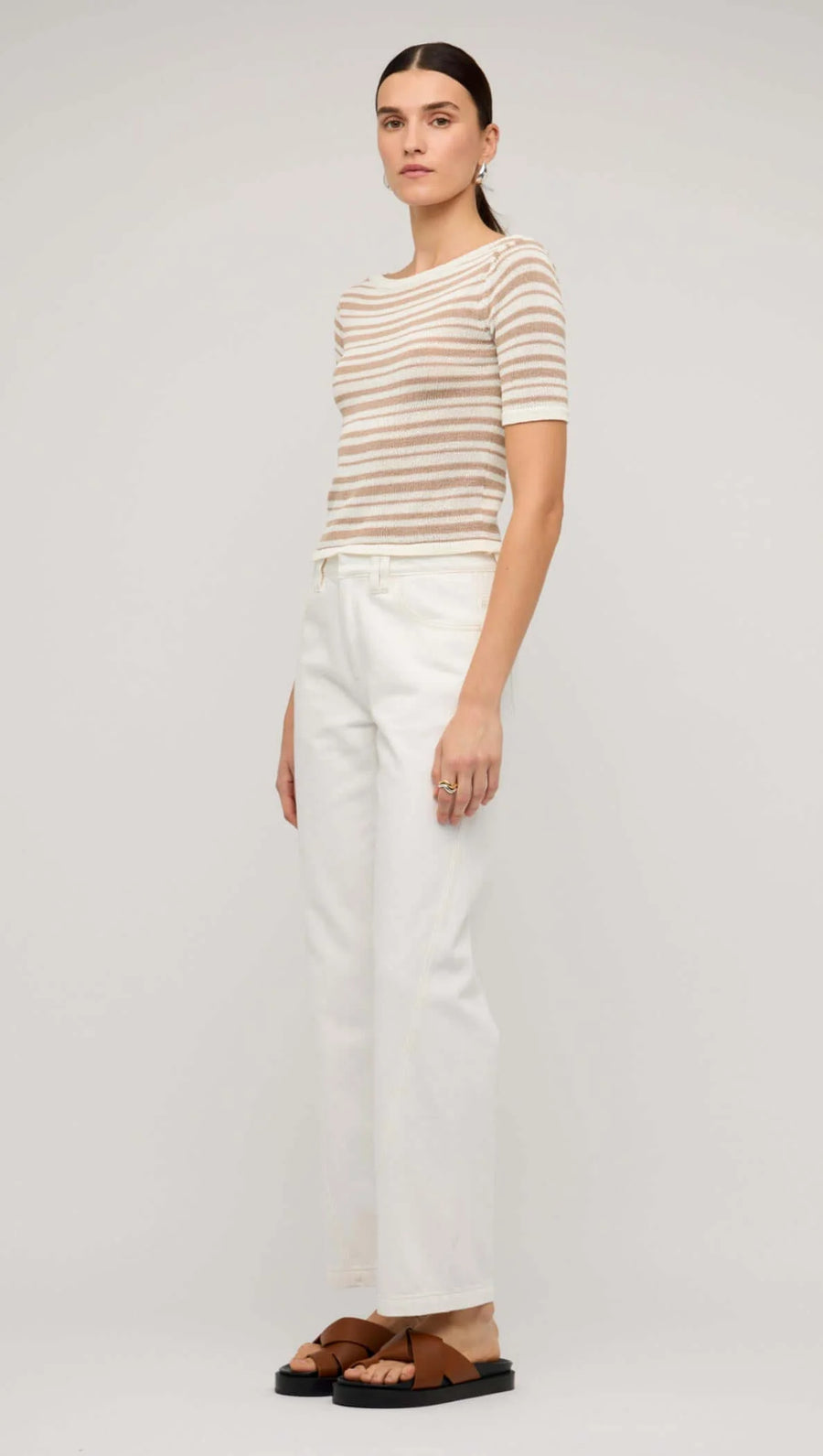 Echo Beige & White Stripe Boat Neck Knit Top