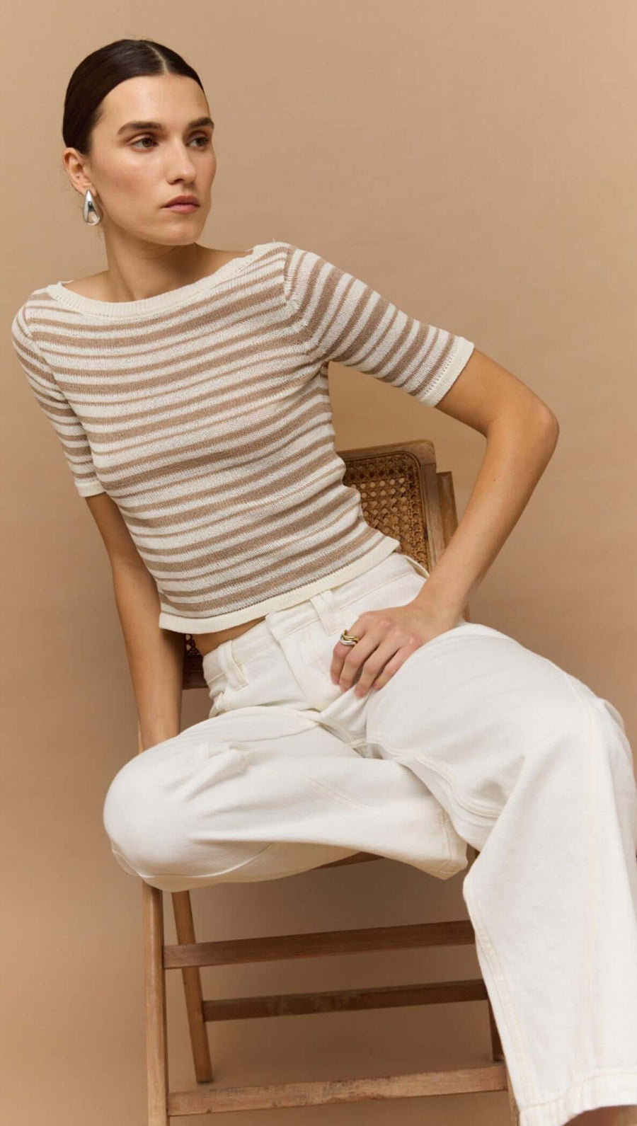 Echo Beige & White Stripe Boat Neck Knit Top
