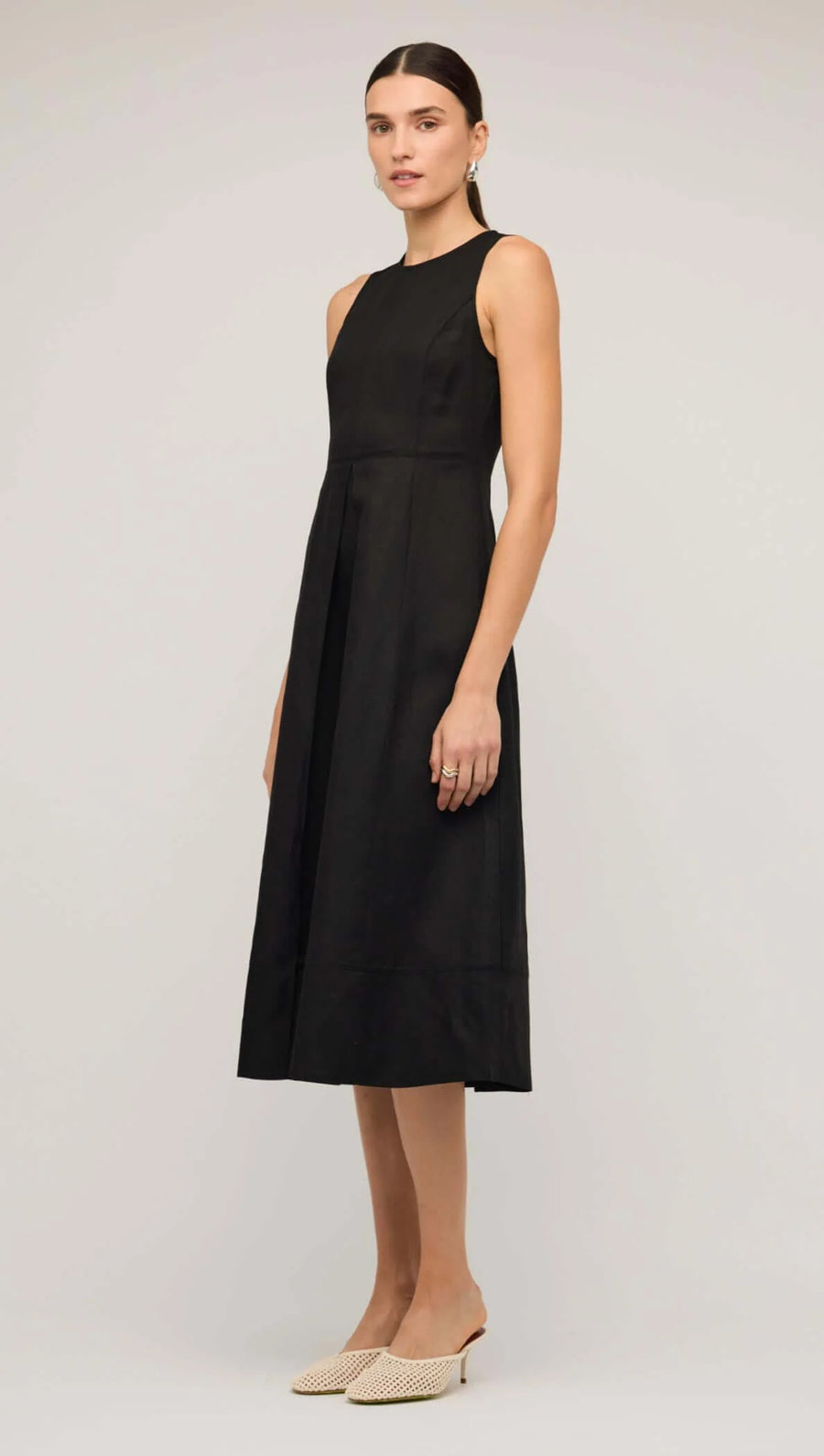 Veda Black Linen A-Line Midi Dress