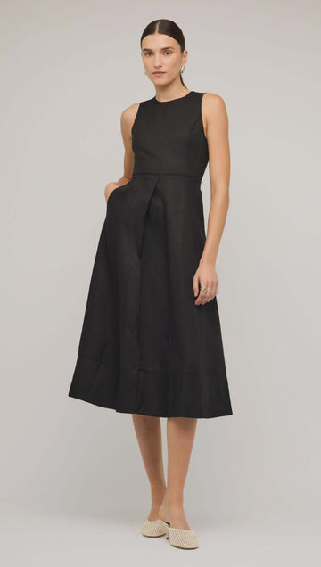 Veda Black Linen A-Line Midi Dress
