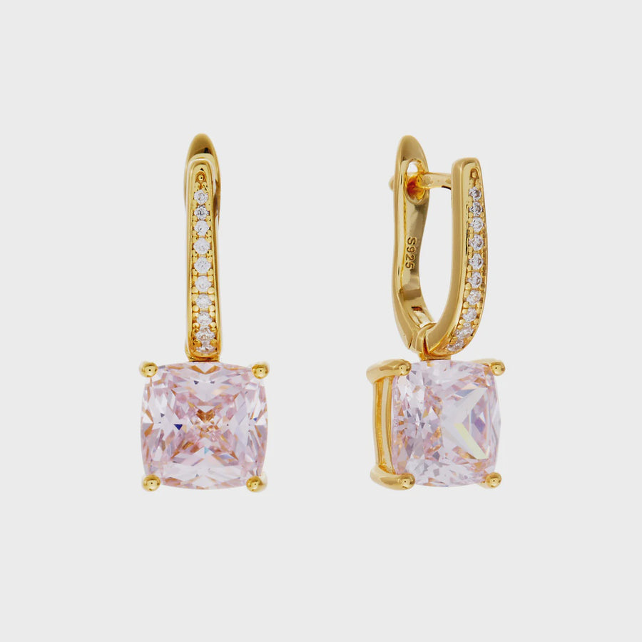 Iris Square Gold Light Pink & Clear CZ Earrings