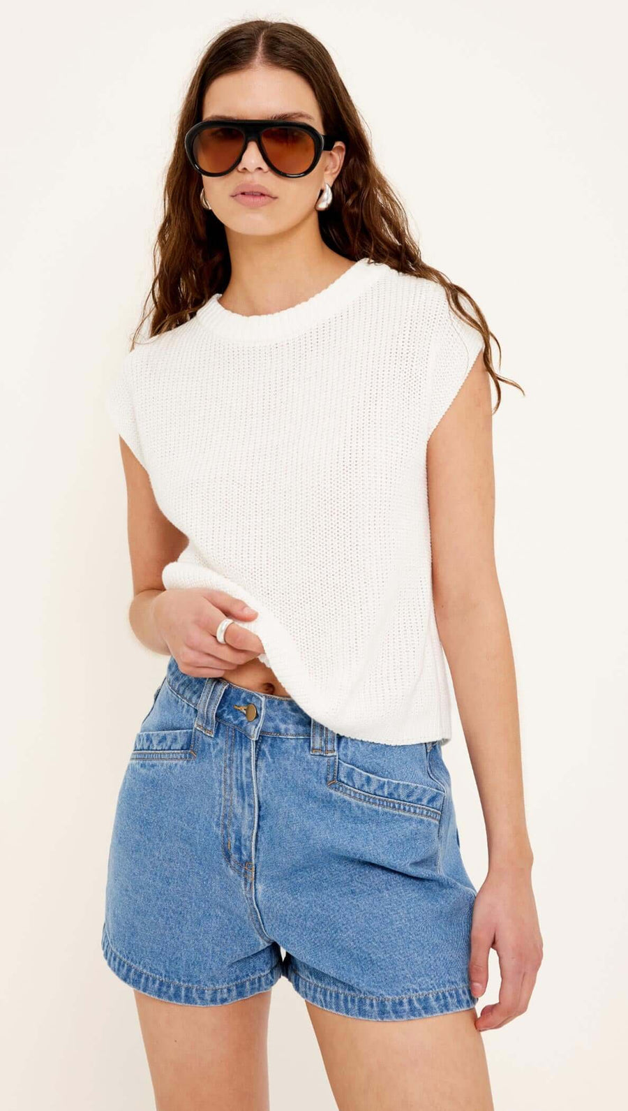 Ellis Cotton Blend White Knit Tank Top