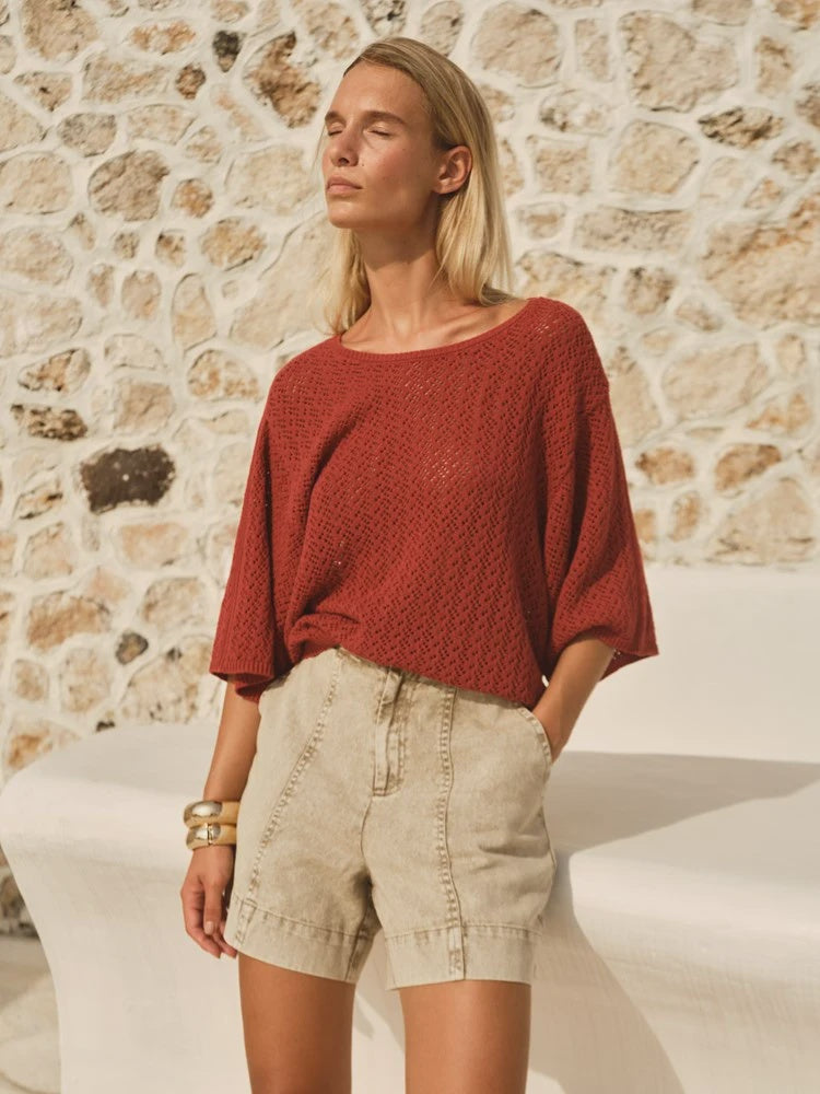 Mila Pointelle Top Red Clay