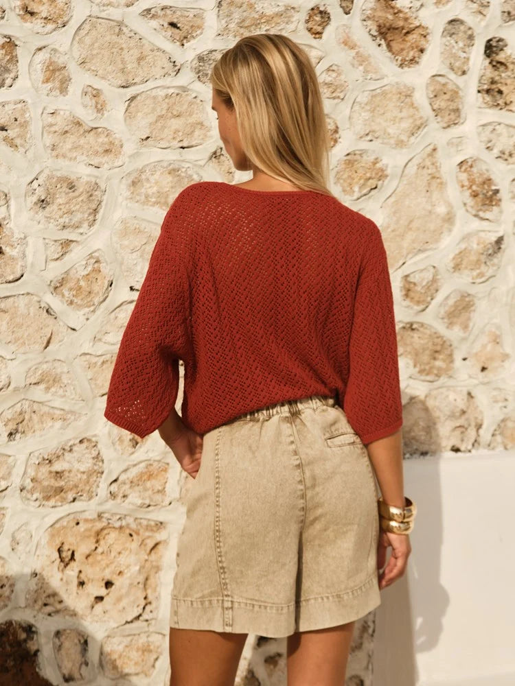Mila Pointelle Top Red Clay