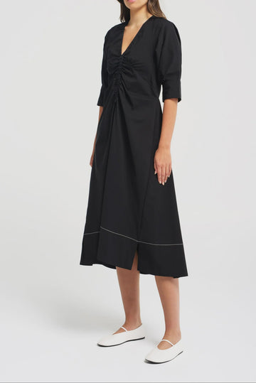 Crisp Cotton Stretch Gathered Front V.Neck Midi Dress Zell Black