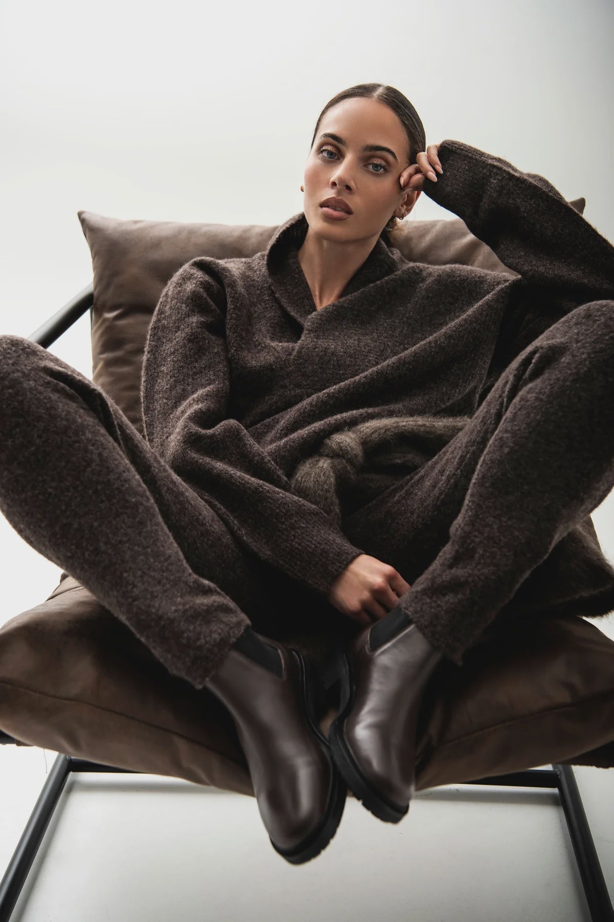 Alpaca Knit Wrap Collar Long Sleeve Tunic Moritz Espresso