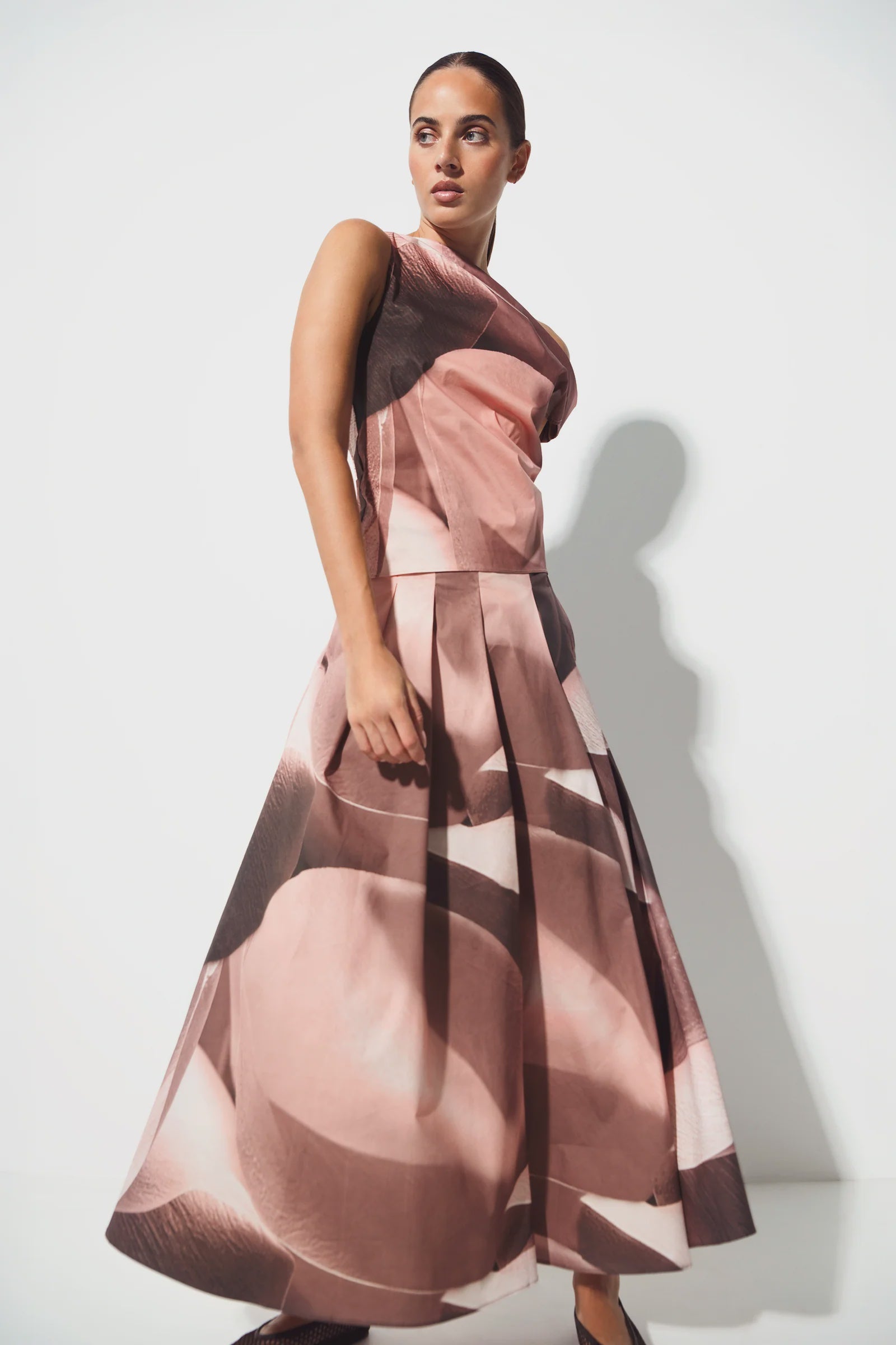 Stretch Cotton Pleated Maxi Skirt Sacher Petal