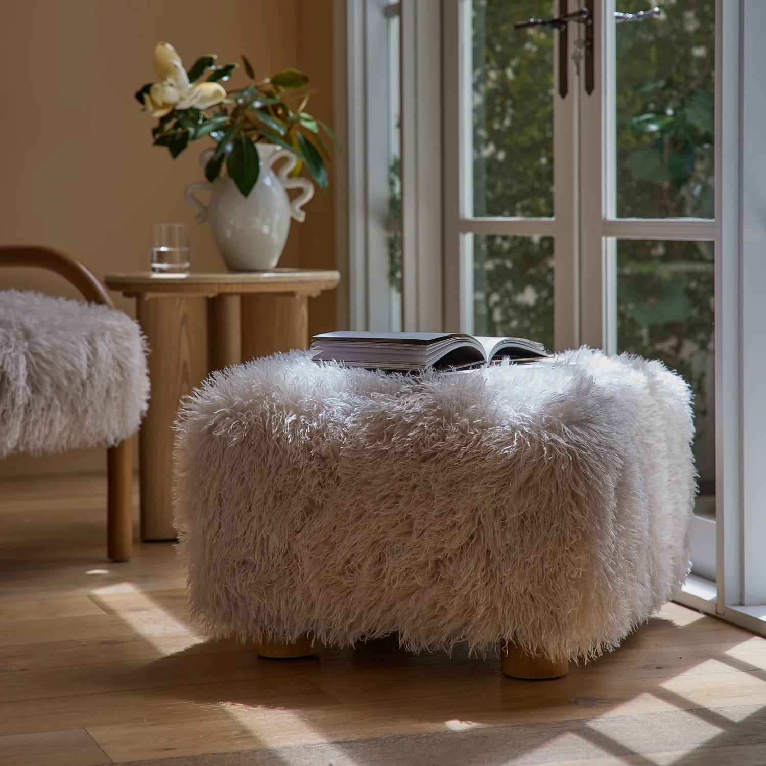 Kristoff Ivory Fur Ottoman
