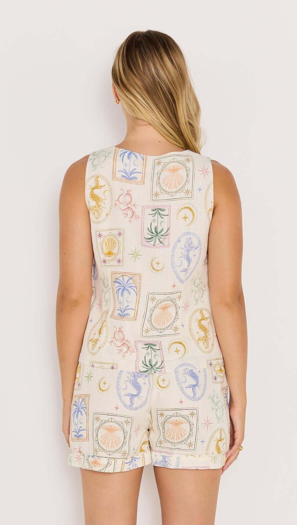 Sirena Printed Linen Blend Drawstring Shorts