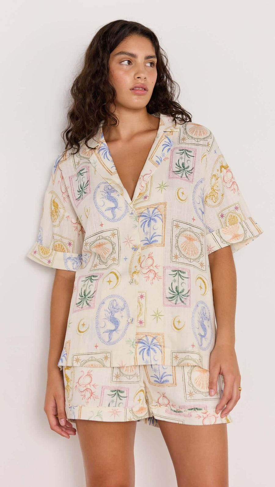 Sirena Printed Linen Blend Loose Resort Shirt