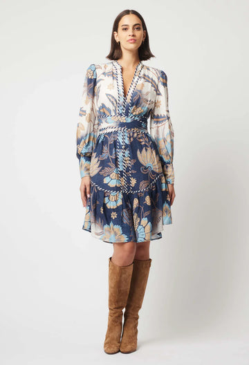 Luna Linen Contrast Dress in Lotus Flower