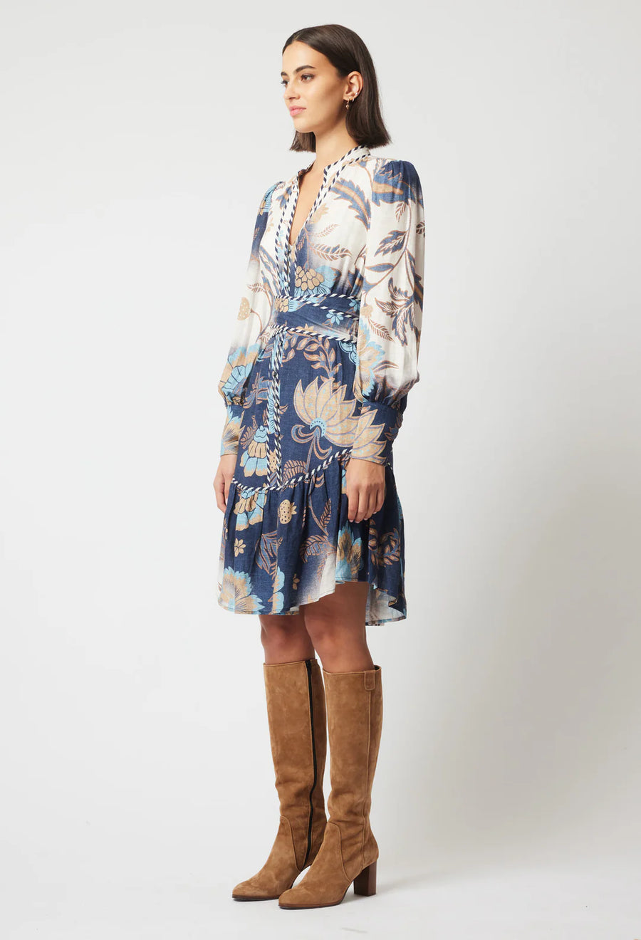 Luna Linen Contrast Dress in Lotus Flower