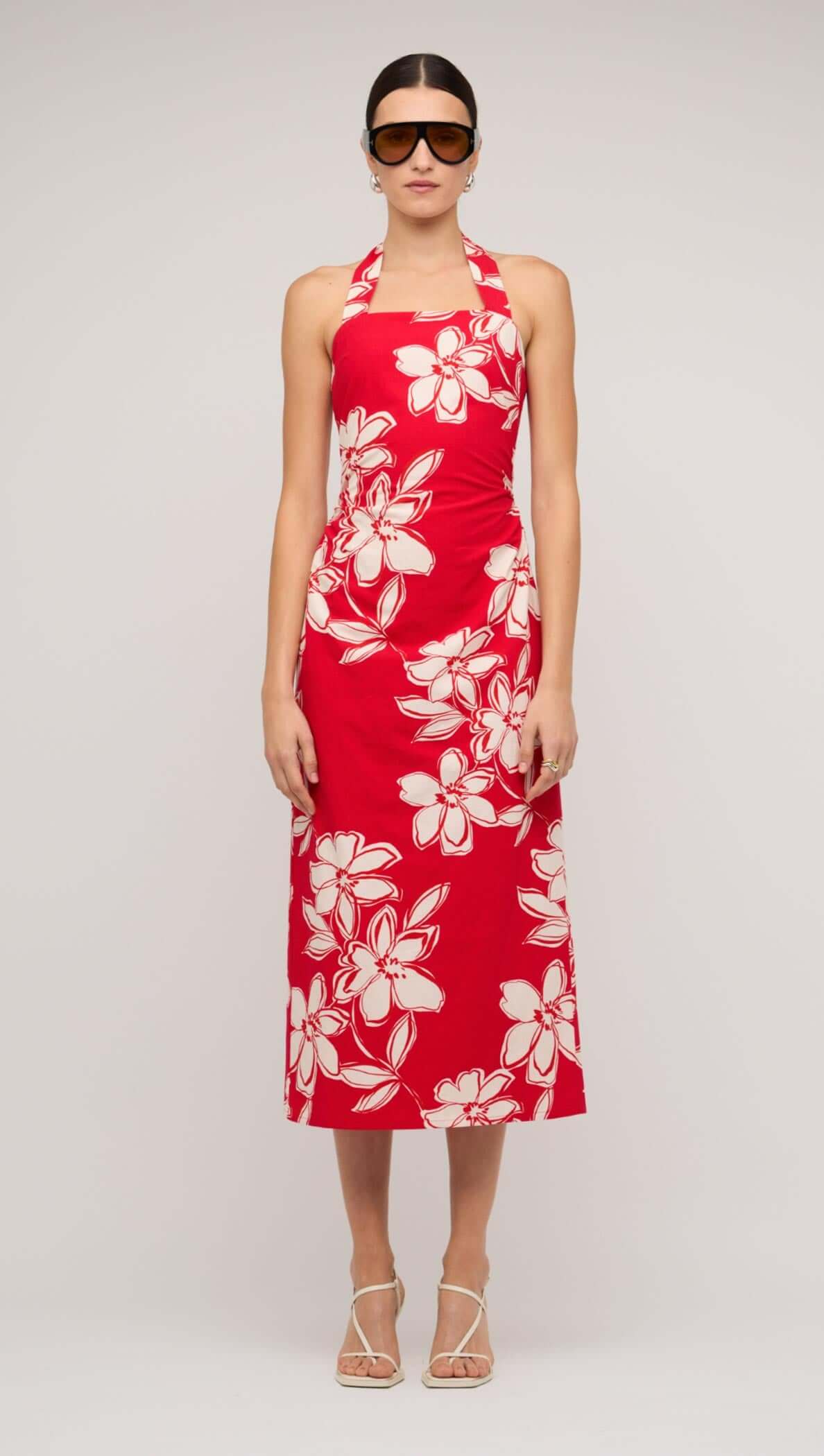 Elara Red & White Cotton Floral Halter-Neck Midi Dress