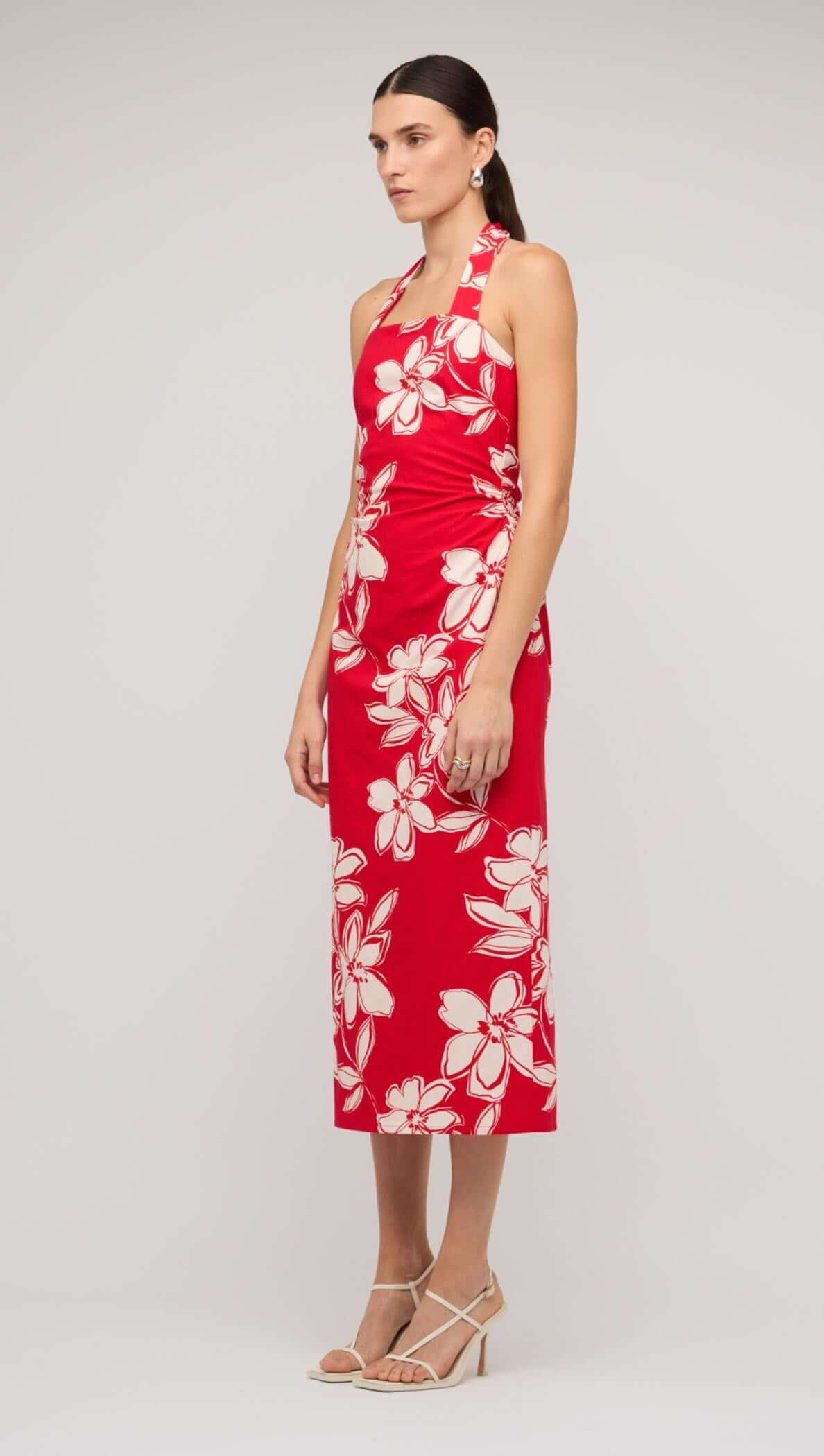 Elara Red & White Cotton Floral Halter-Neck Midi Dress