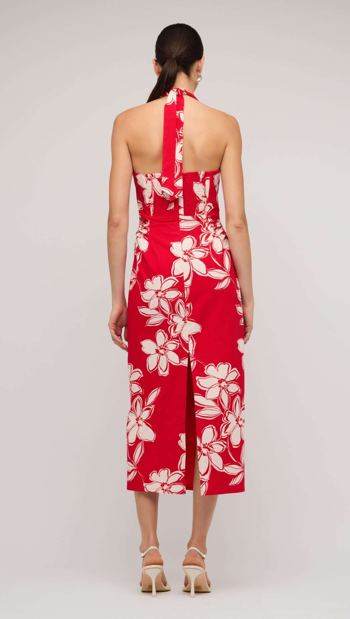 Elara Red & White Cotton Floral Halter-Neck Midi Dress