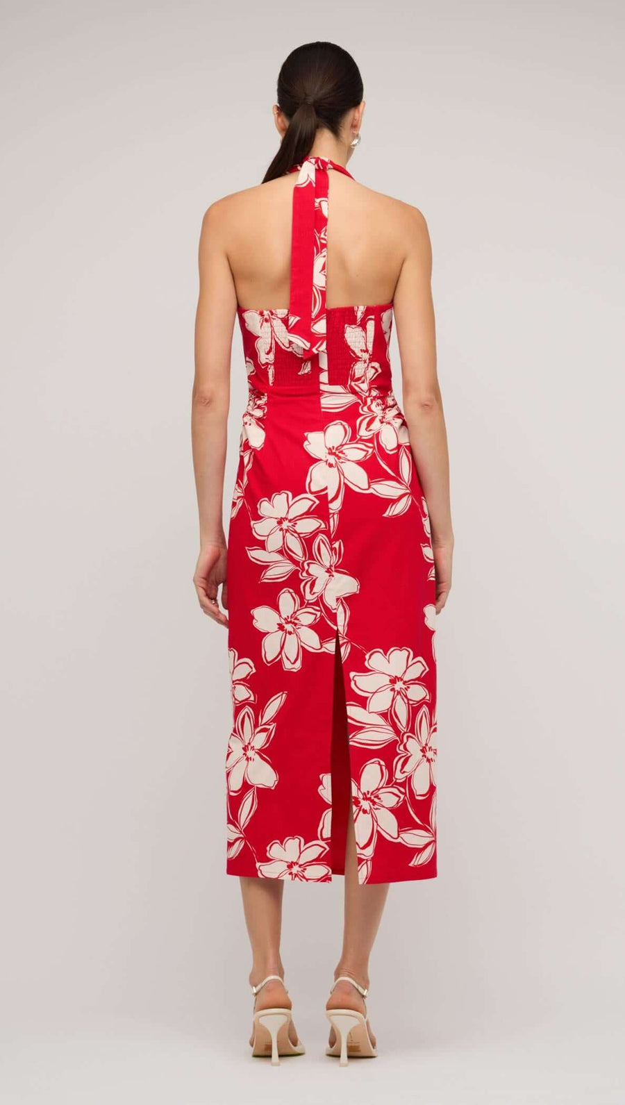 Elara Red & White Cotton Floral Halter-Neck Midi Dress