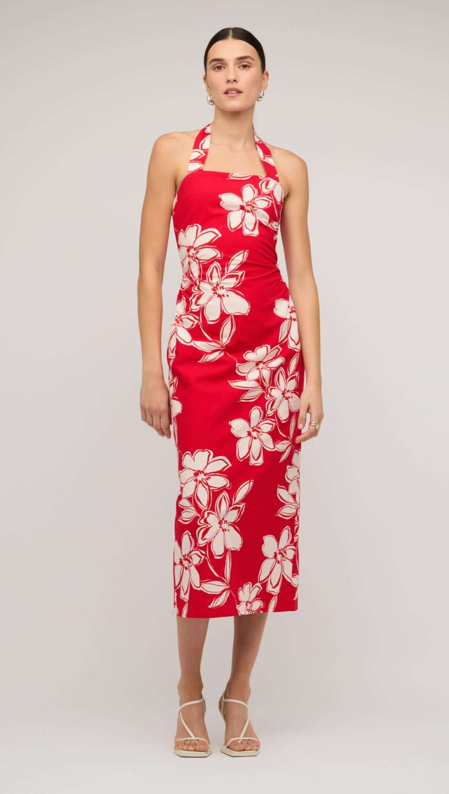 Elara Red & White Cotton Floral Halter-Neck Midi Dress