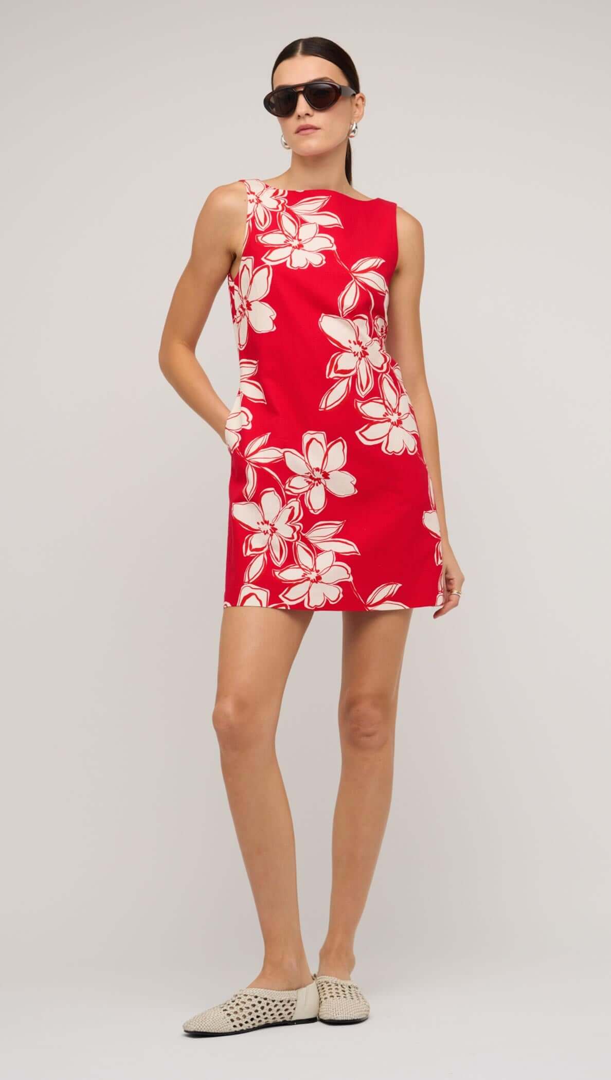 Elara Red & White Cotton Floral Mini Shift Dress