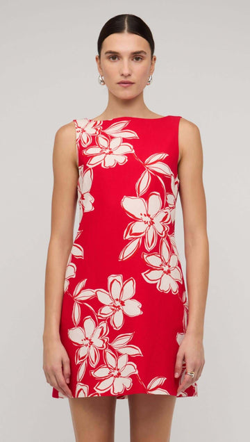 Elara Red & White Cotton Floral Mini Shift Dress