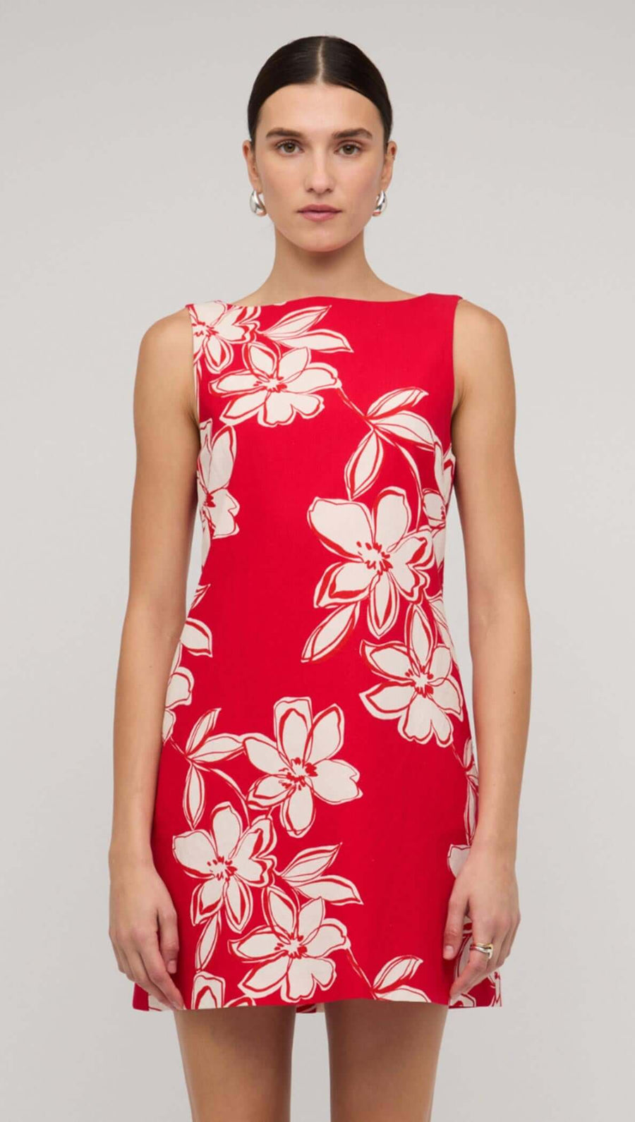 Elara Red & White Cotton Floral Mini Shift Dress
