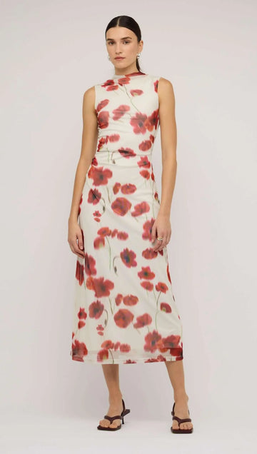 Lumi Red & White Poppy Print Mesh Midi Dress