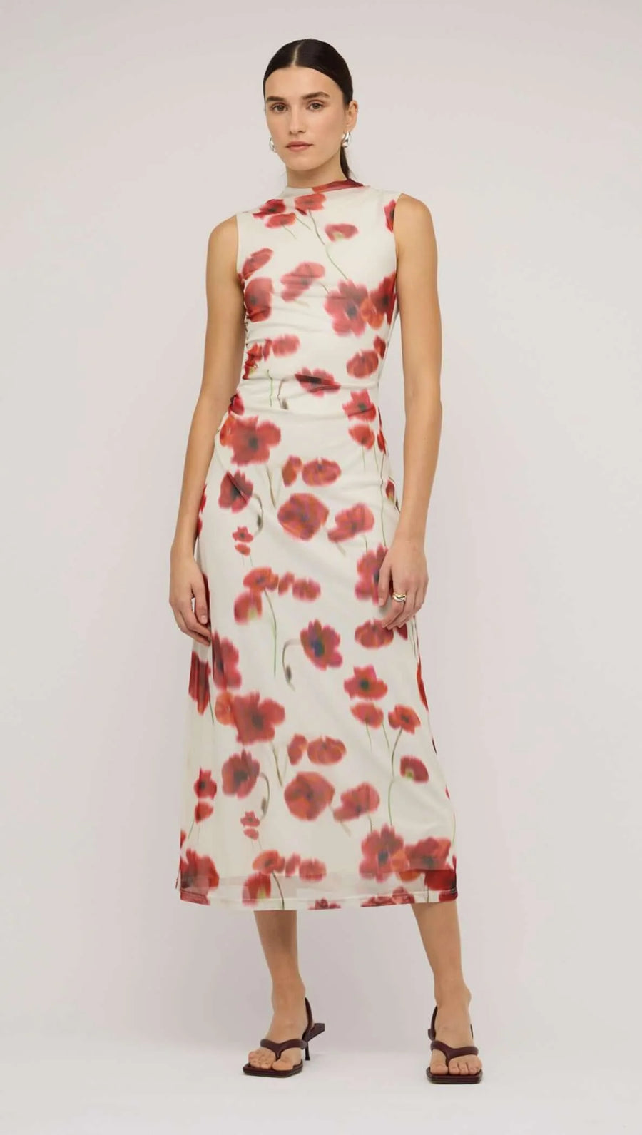 Lumi Red & White Poppy Print Mesh Midi Dress