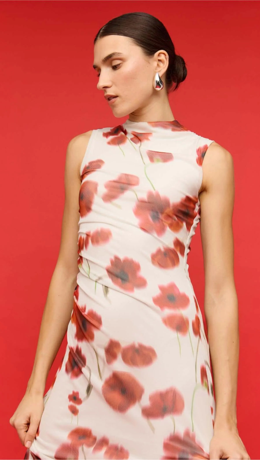Lumi Red & White Poppy Print Mesh Midi Dress