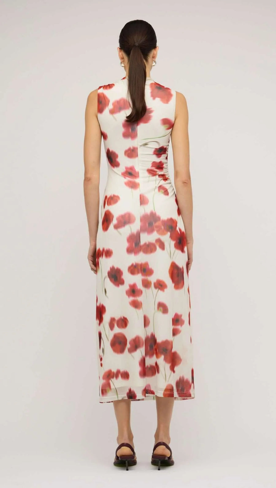 Lumi Red & White Poppy Print Mesh Midi Dress