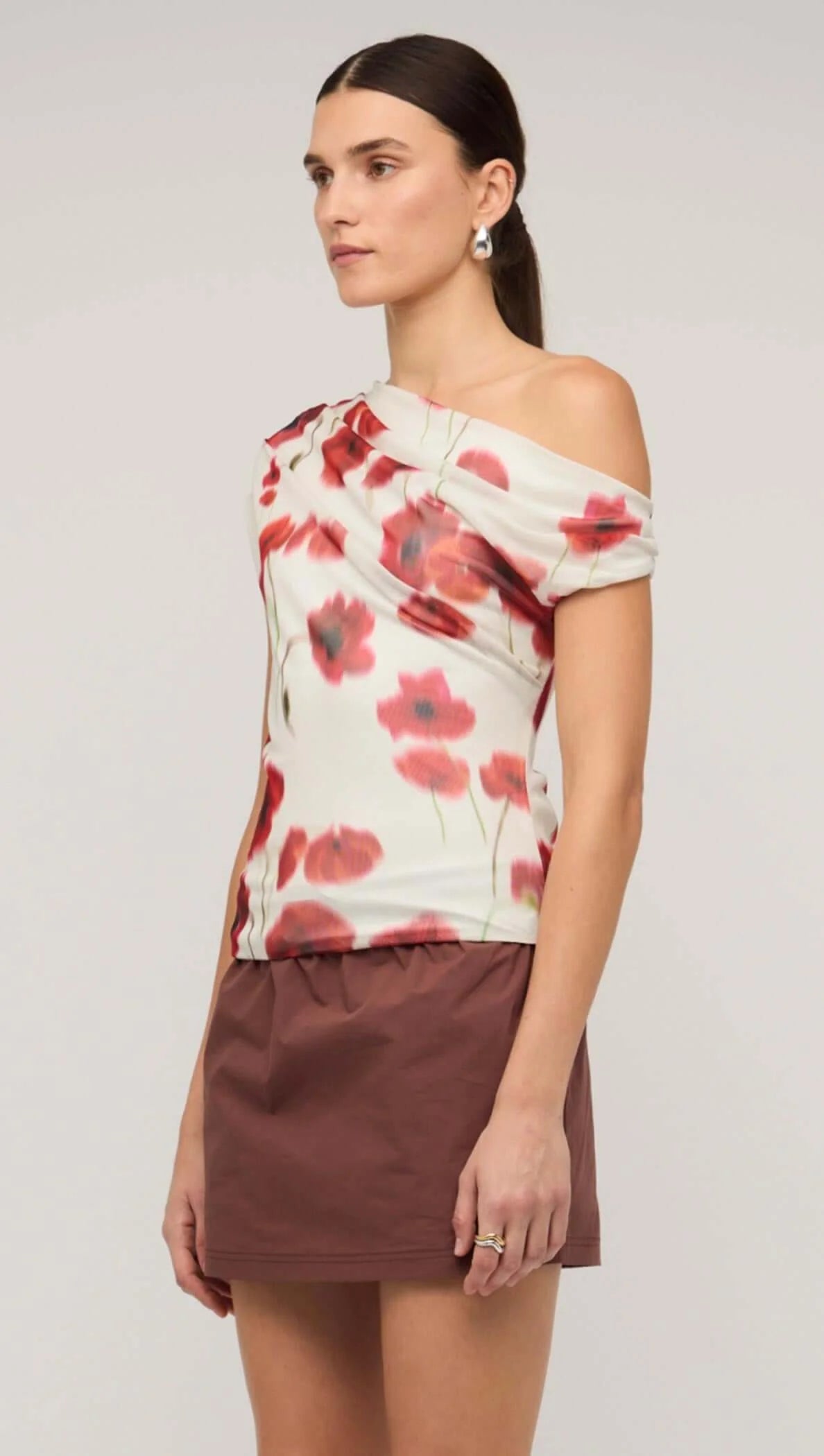 Lumi Red & White Poppy Print Off-Shoulder Mesh Top
