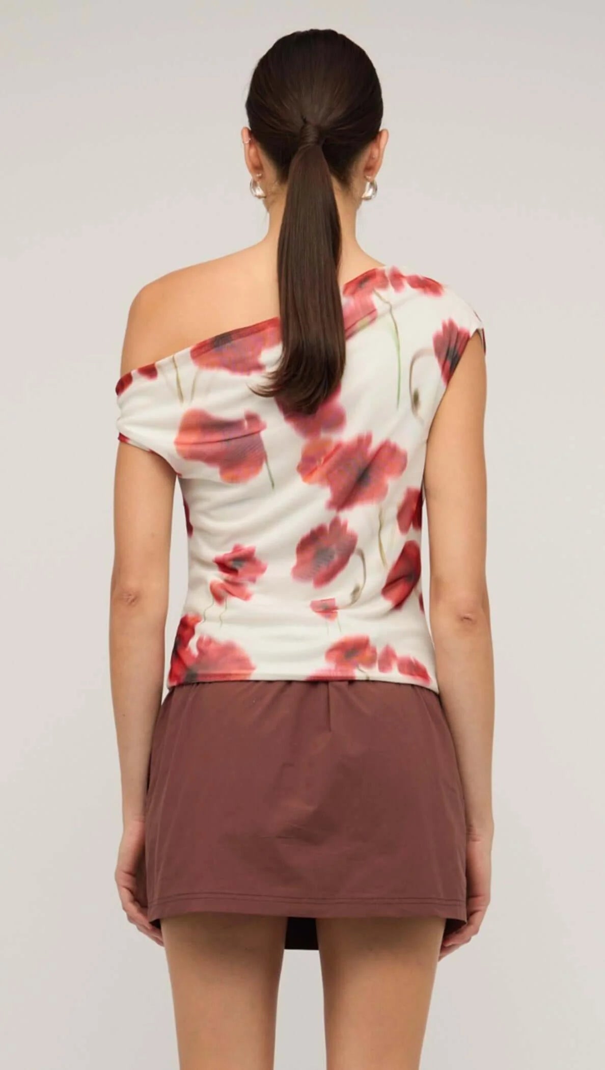Lumi Red & White Poppy Print Off-Shoulder Mesh Top