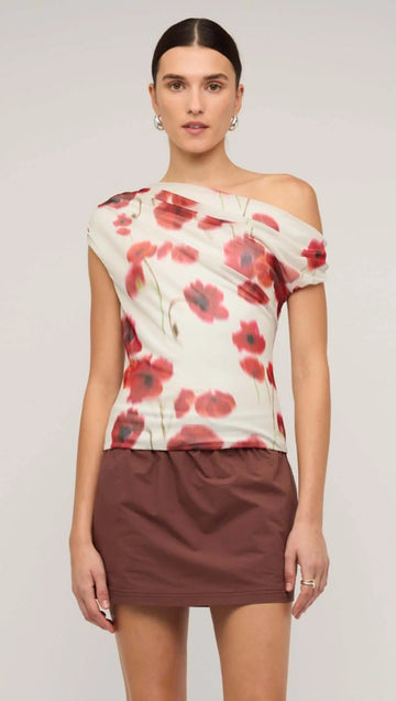 Lumi Red & White Poppy Print Off-Shoulder Mesh Top