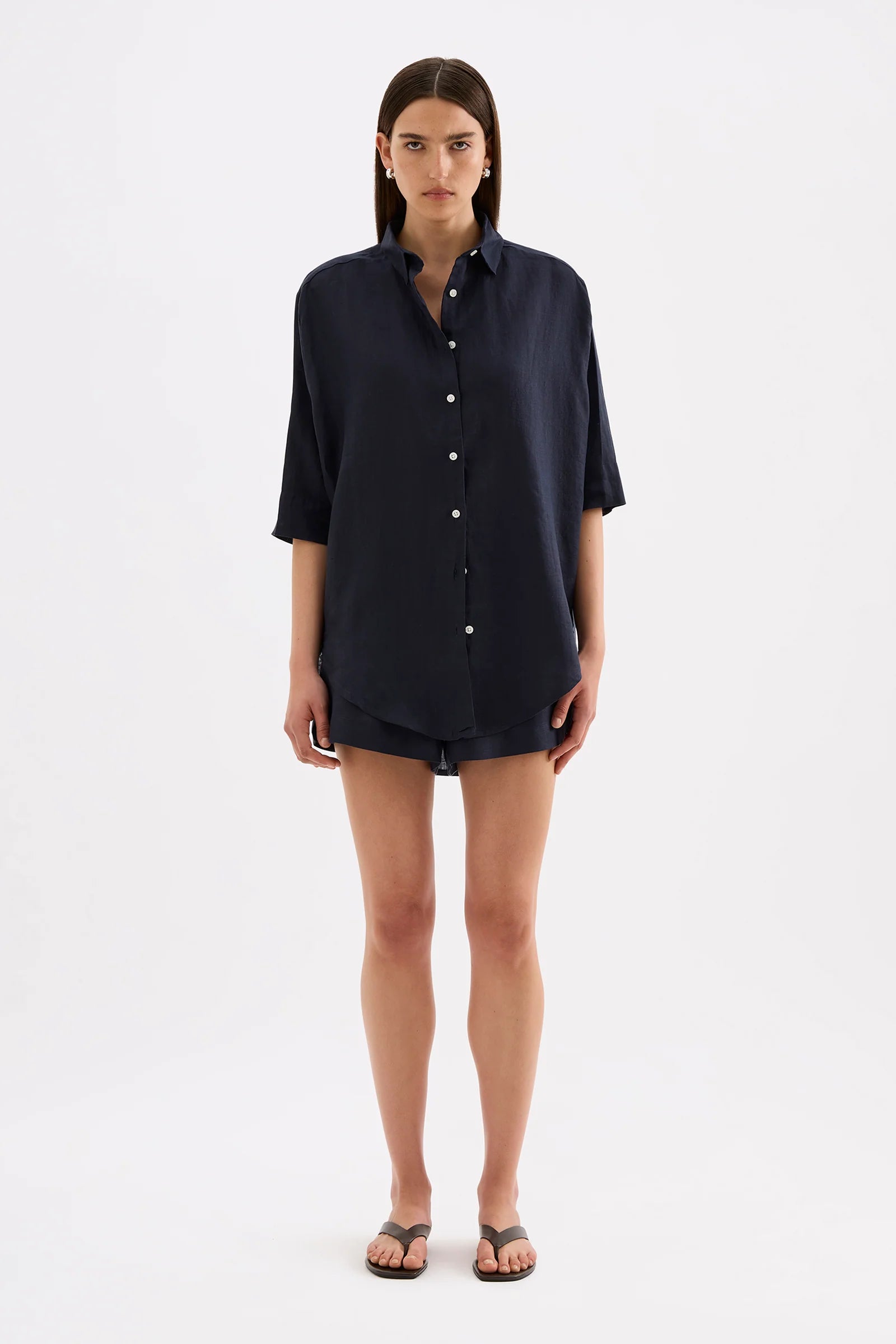 Lounge Linen Longline Shirt Navy