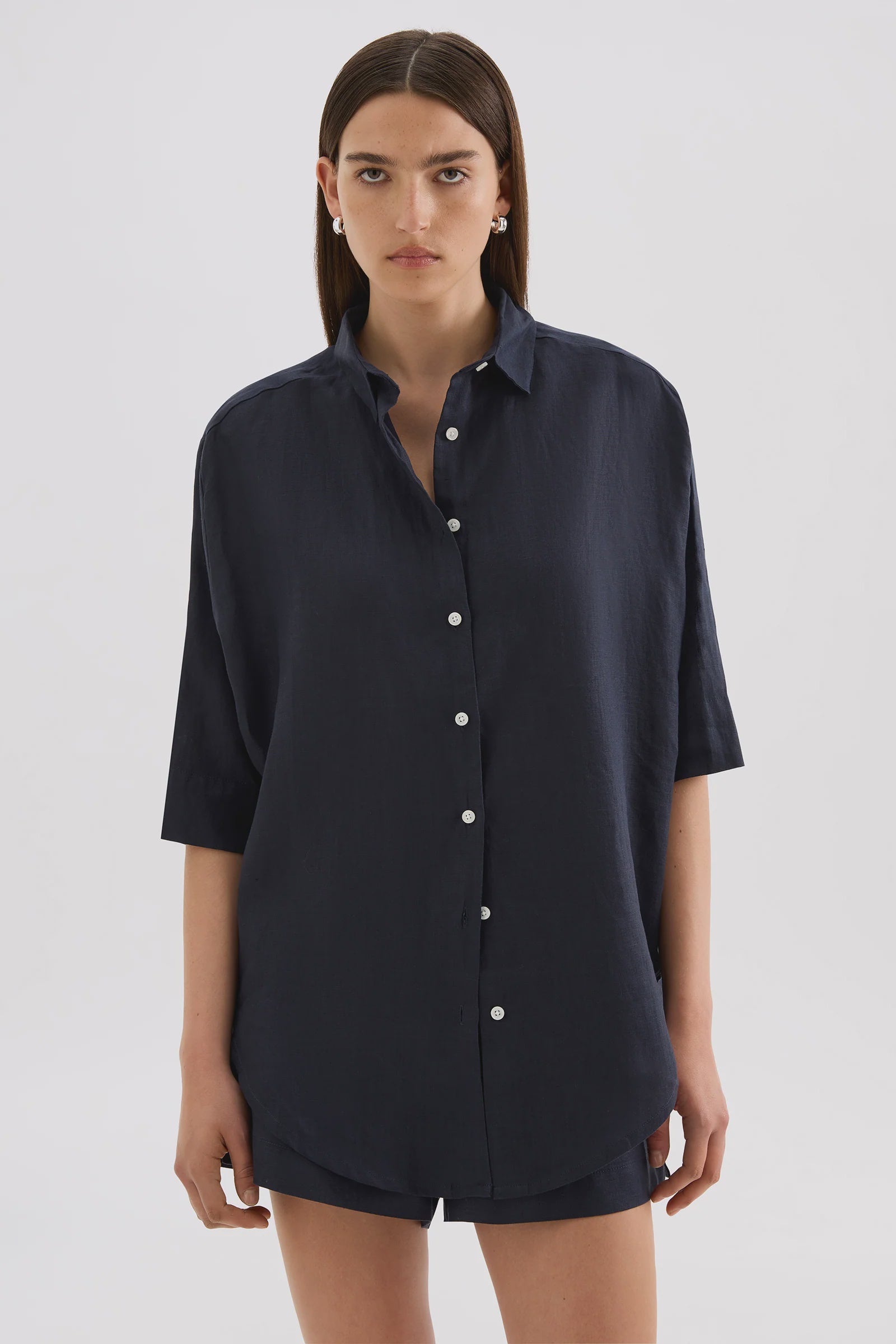 Lounge Linen Longline Shirt Navy